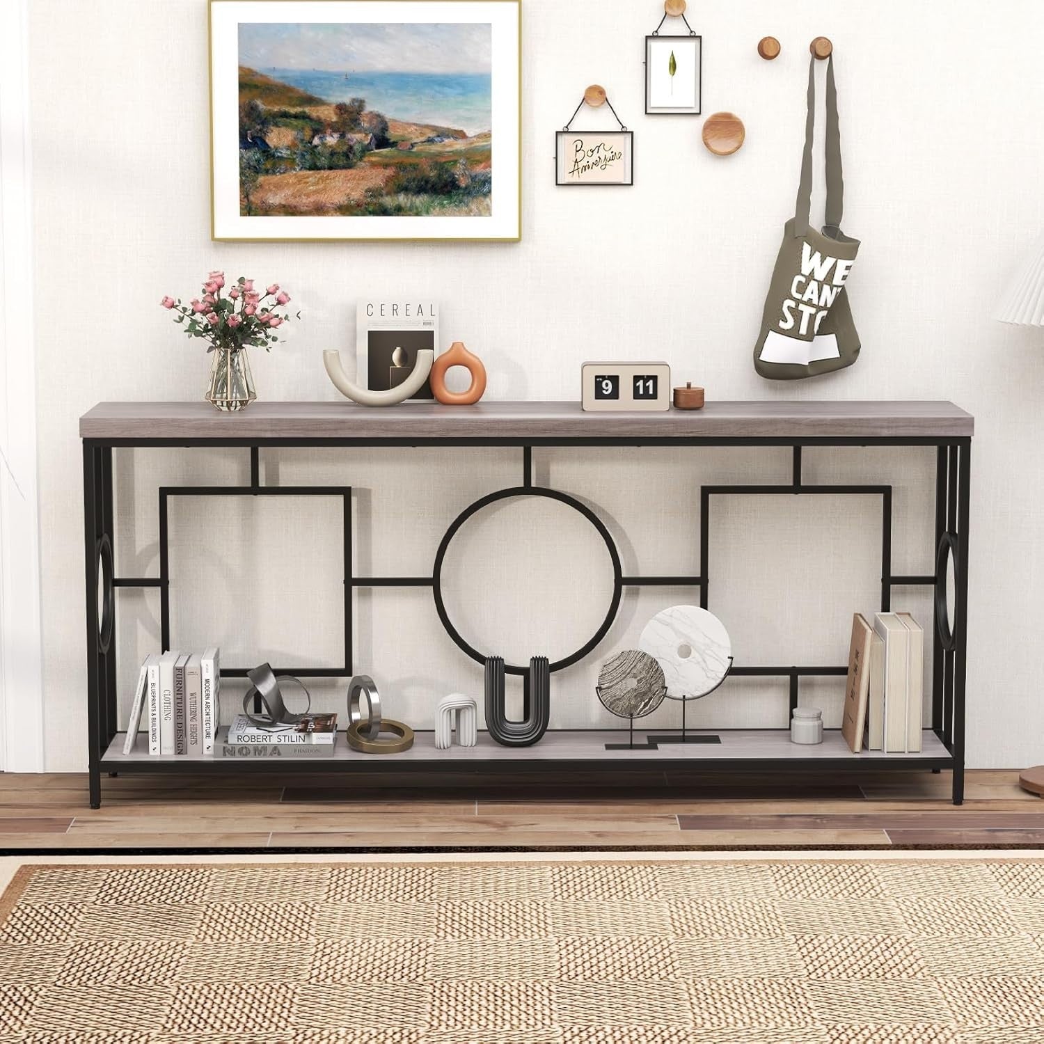 Slim 2-Tier Console Table with Storage Shelf & Wood Grain Top, Black Frame