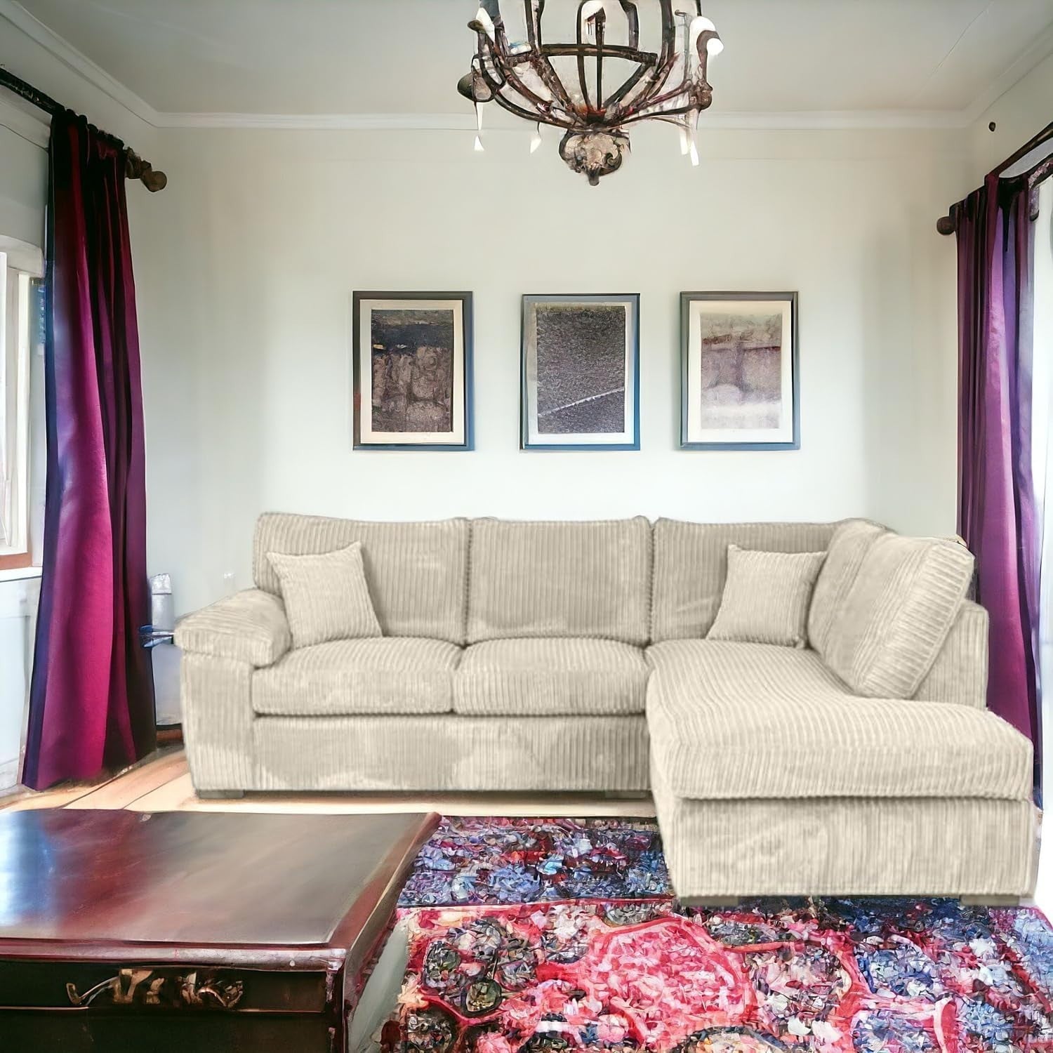 Cream Jumbo Cord L-Shape 4-Seater Corner Sofa – Space Saving & Luxurious Comfort