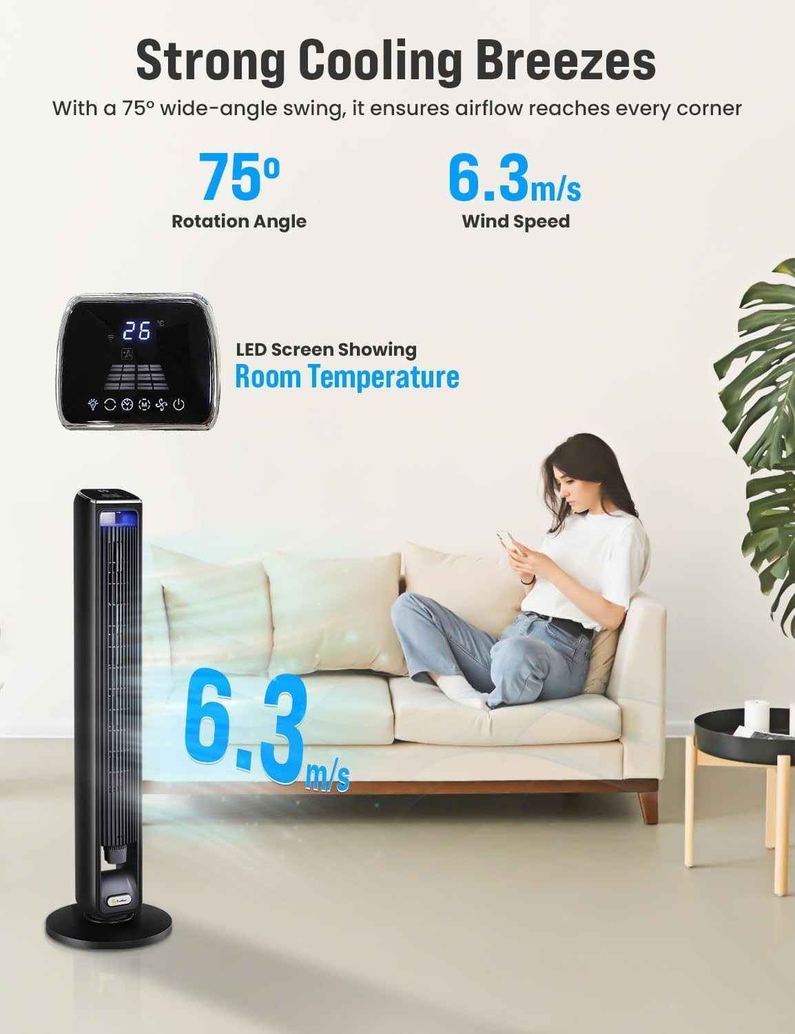 42" Smart Tower Fan – WiFi Alexa Control LED Bladeless Cooling Fan Black Remote