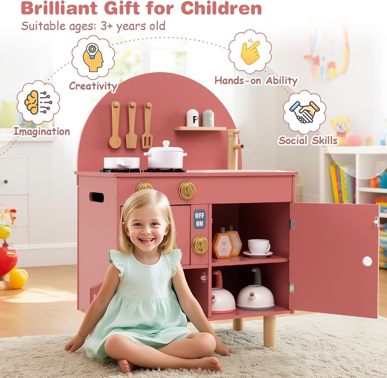 Kids Wooden Play Kitchen Pink Pretend Cooking Toy Set Accessories