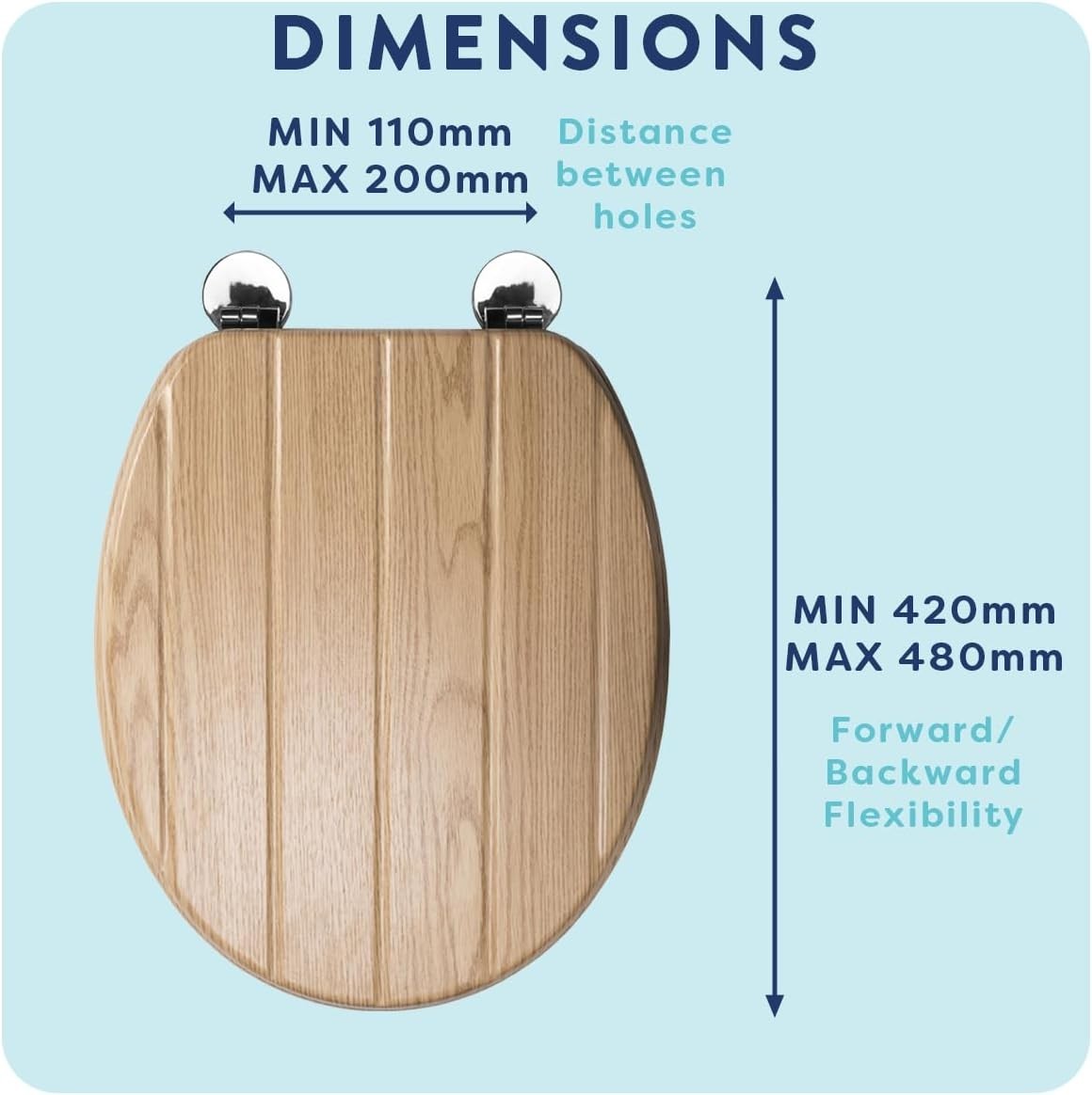 Light Oak Wooden Toilet Seat Flexi-Fix Adjustable Hinges Antibacterial Durable