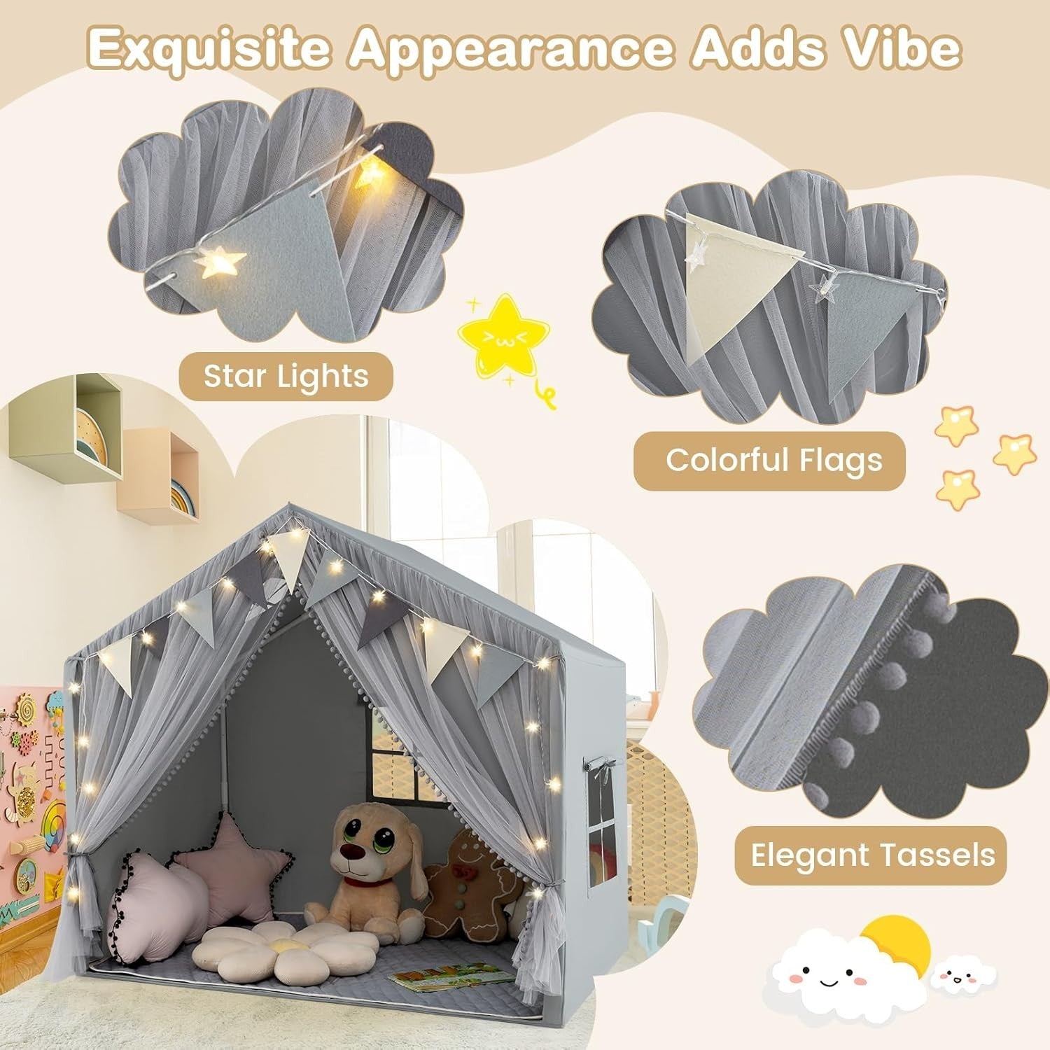 Grey Kids Fairy Castle Tent Indoor Outdoor Playhouse w Lights Mat