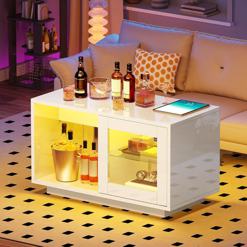 Modern White LED Coffee Table with Adjustable Glass Shelves 80x40x45cm