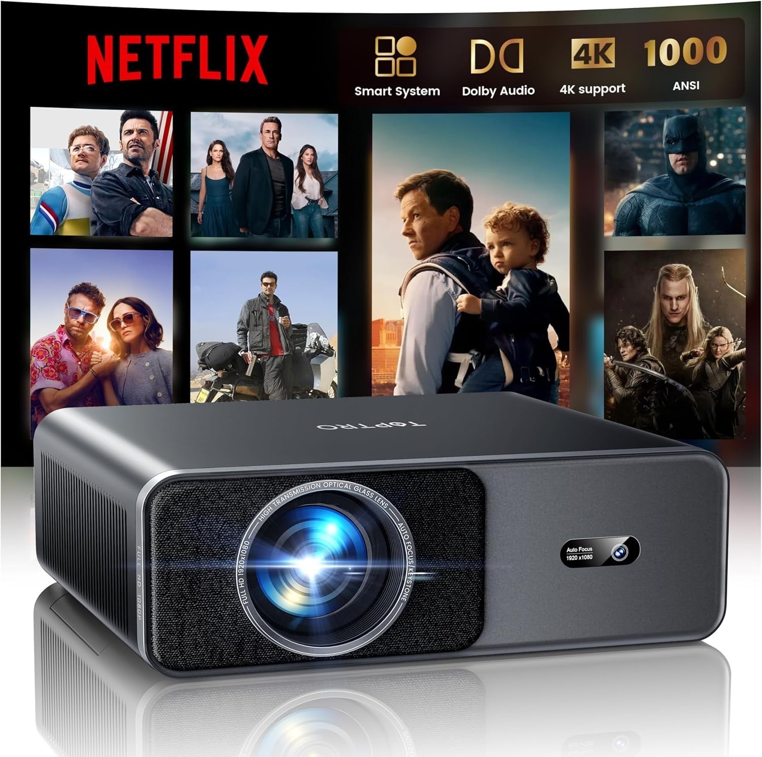 1000 ANSI Smart Projector 1080P 4K WiFi 6 Bluetooth Dolby Netflix
