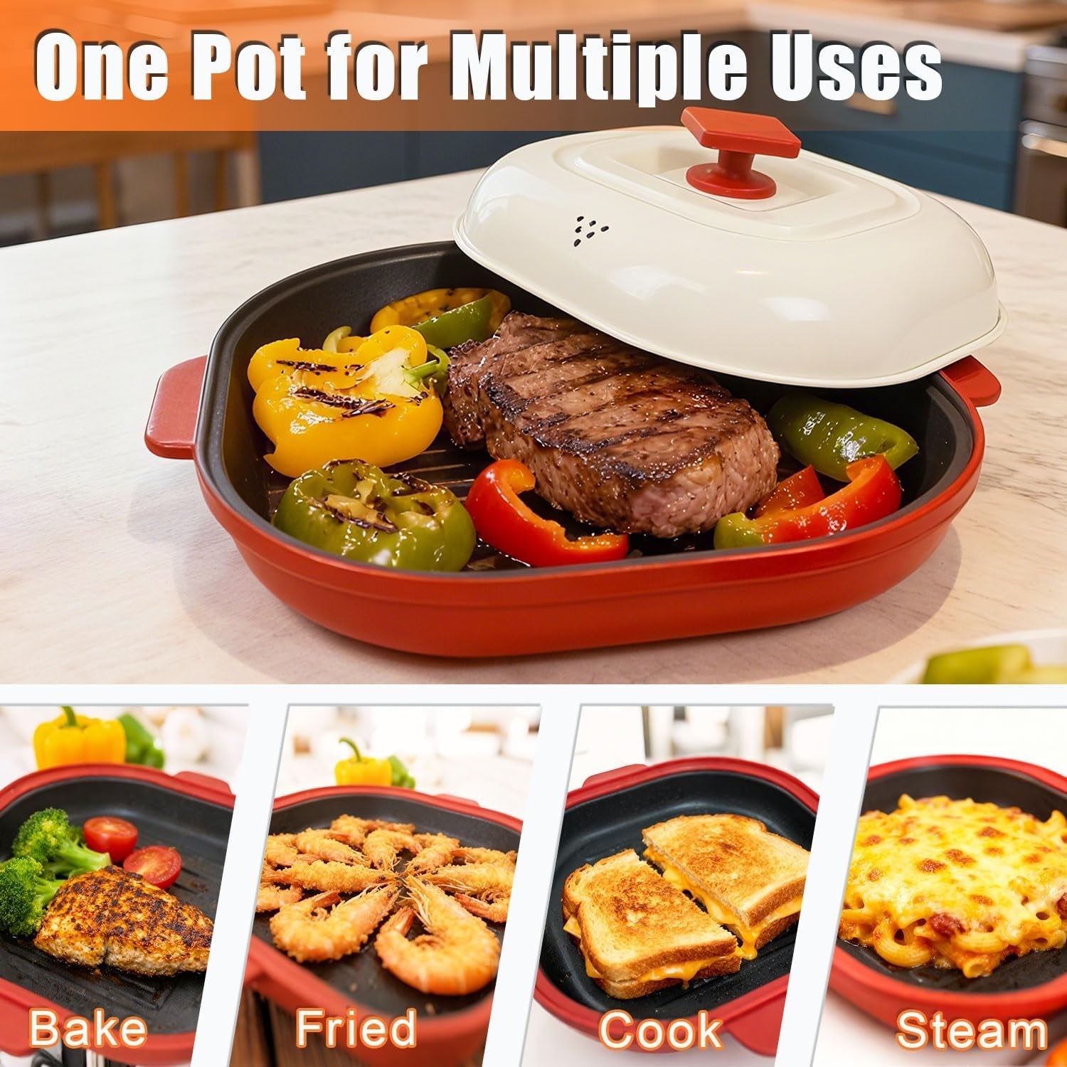 Red Microwave Grill Pan with Lid – Non-Stick Cooking & Roasting
