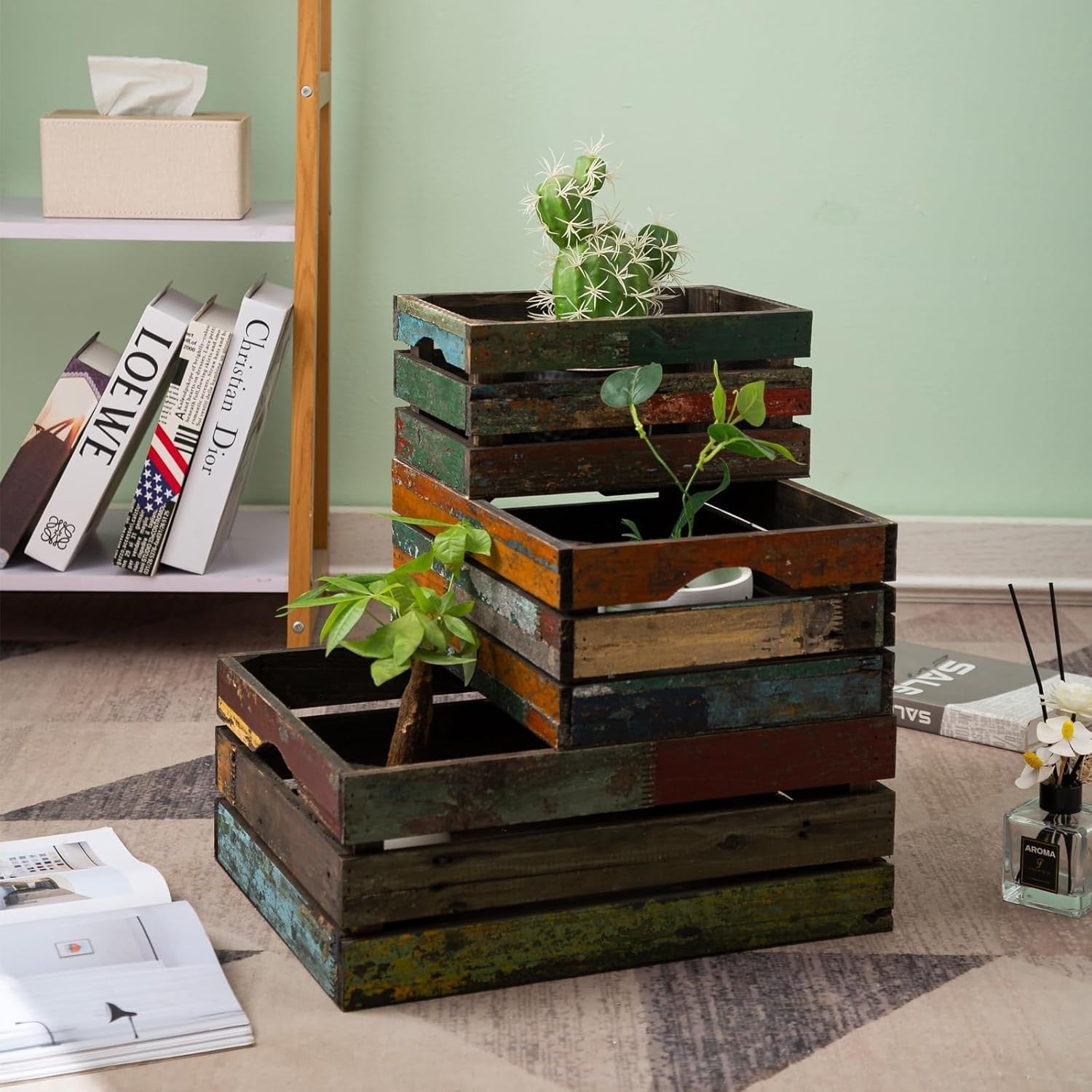 3 Pack Distressed Wooden Storage Crates Rustic Farmhouse Set