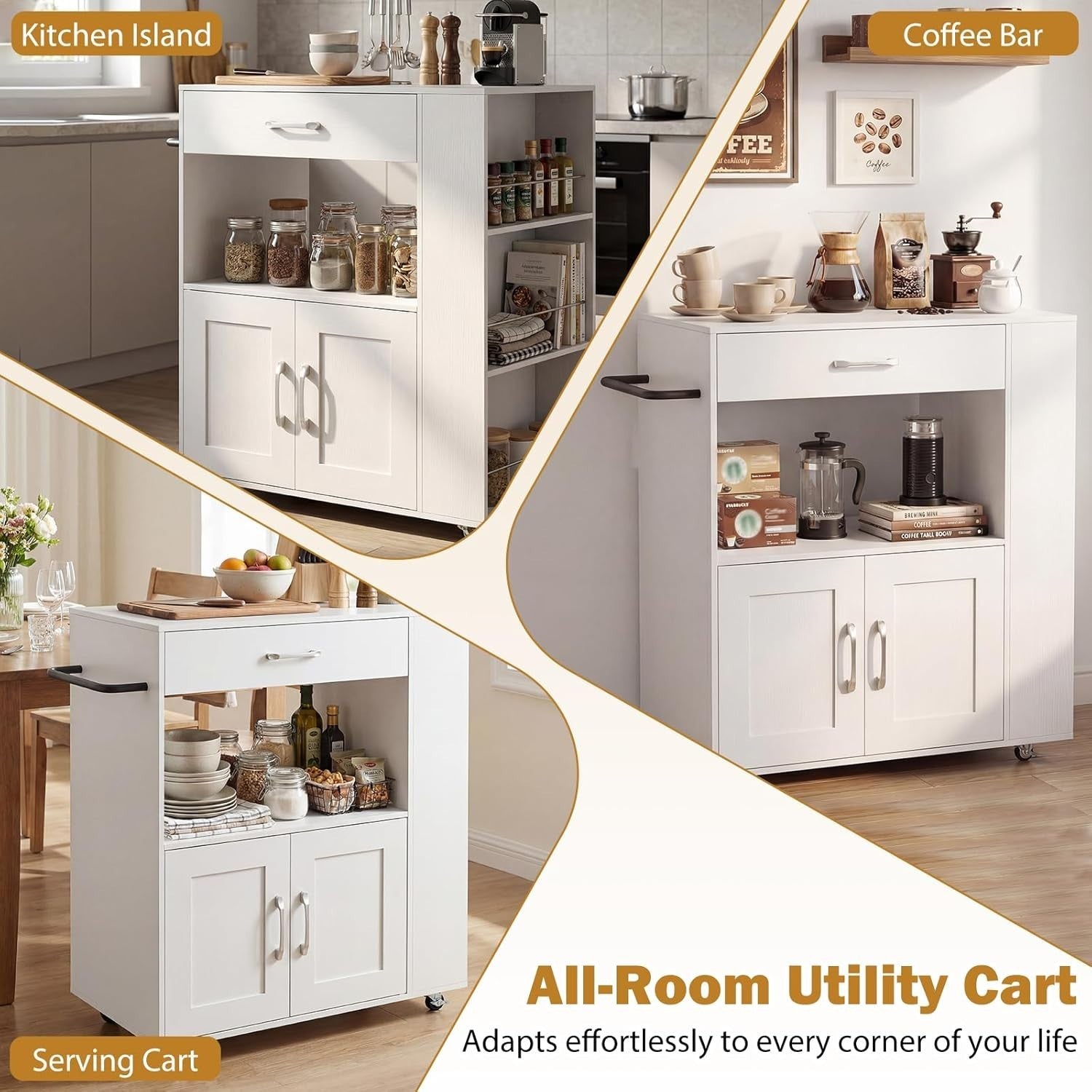 White Kitchen Island Trolley Cabinet with Spice Rack
