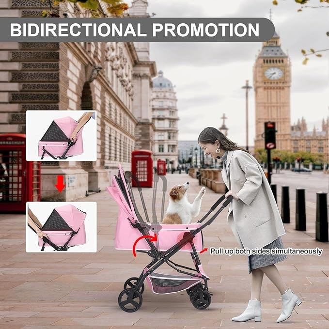 Pink Pet Stroller Foldable Dog Cat Pram 360° Wheels Lightweight Travel Buggy