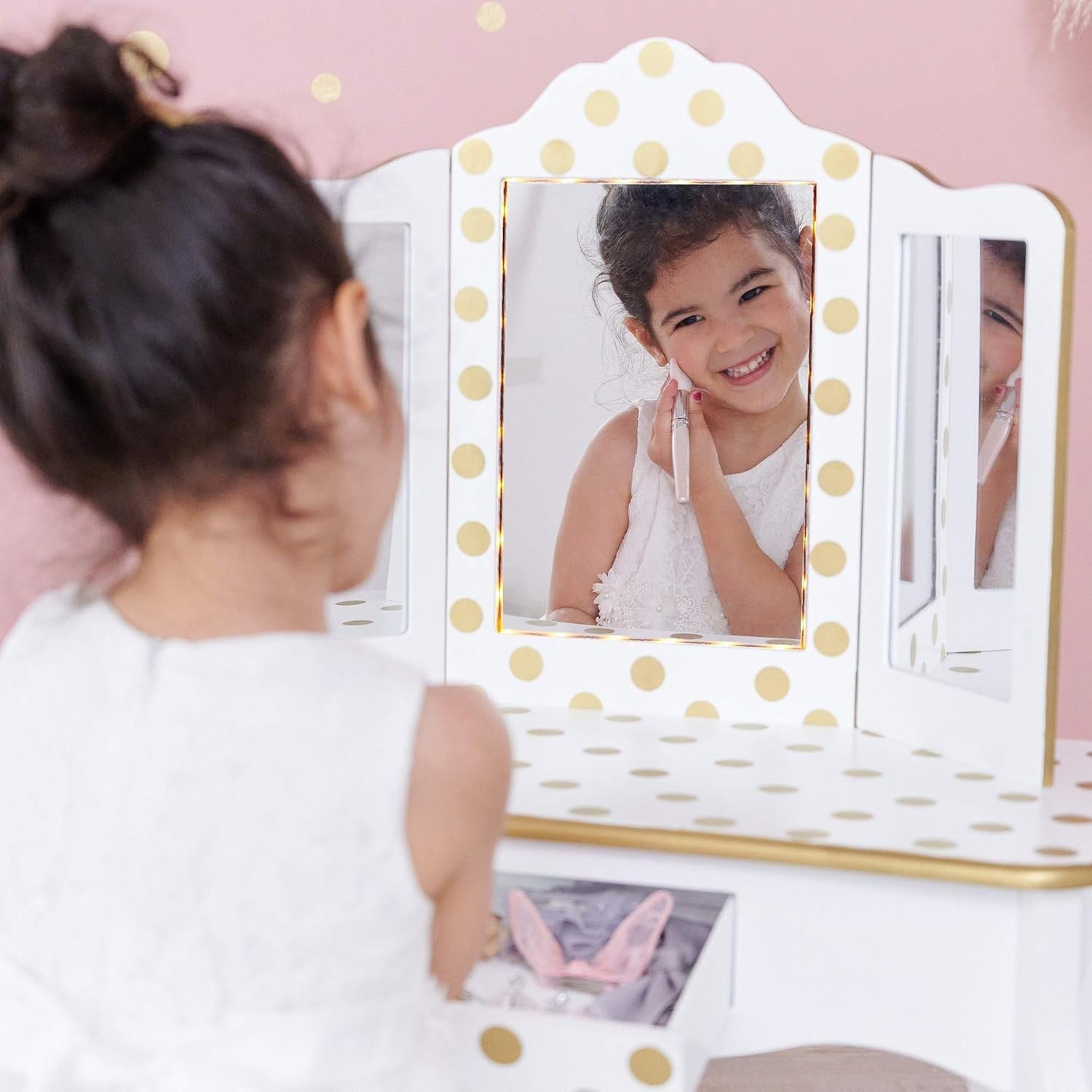 Kids Vanity Table Set with Light Mirror White Gold – Wooden Makeup Desk