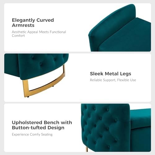 Large Teal Storage Ottoman Bench w/ Pillows Modern Upholstered Metal Legs