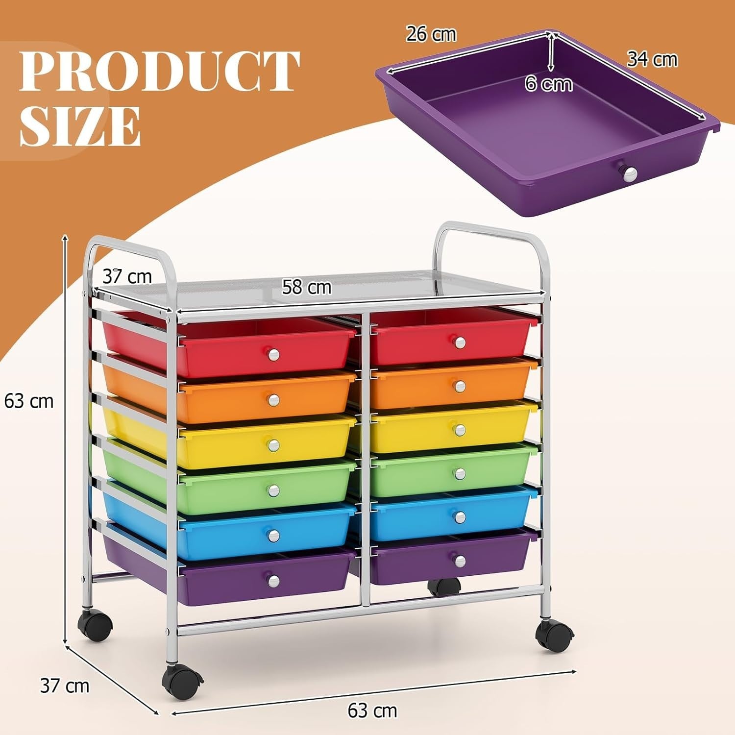 12 Drawer Rolling Storage Cart Multi Color Utility Trolley Organizer