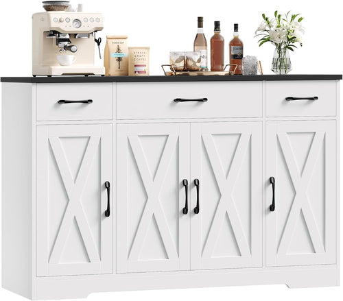 White & Black 140cm Kitchen Sideboard 3 Drawers 4-Door Adjustable Shelf