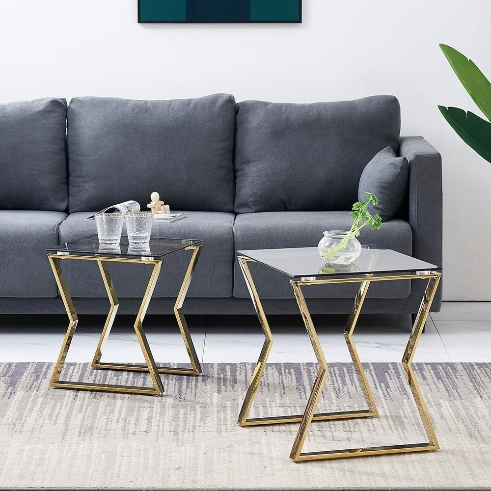 Modern Nesting Coffee Table Set of 2 End Side Stackable Metal Glass Gold