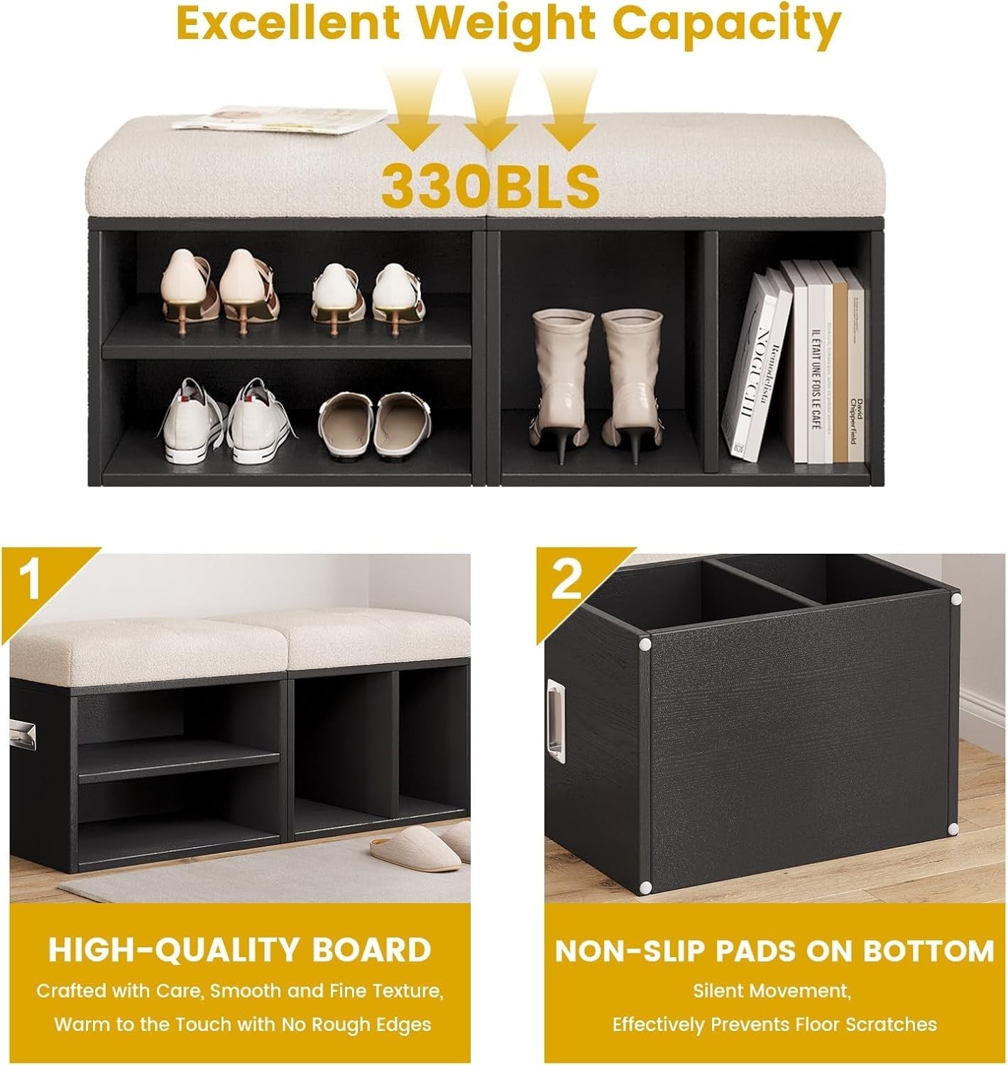 2-Piece Shoe Bench Cushioned Seat 2-Tier Storage Rack with Handles Black 100cm