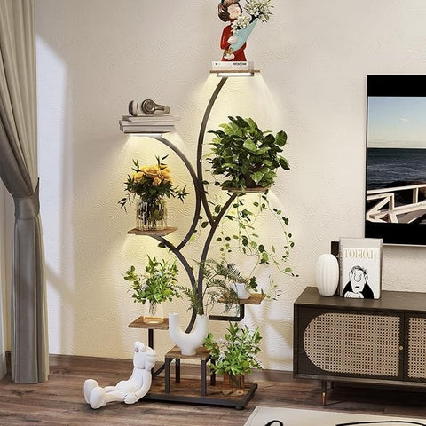 8 Tier Metal Wooden Plant Stand with LED Grow Lights Indoor Tall Flower Shelf