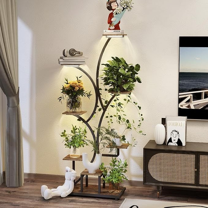 8 Tier Metal Wooden Plant Stand with LED Grow Lights Indoor Tall Flower Shelf