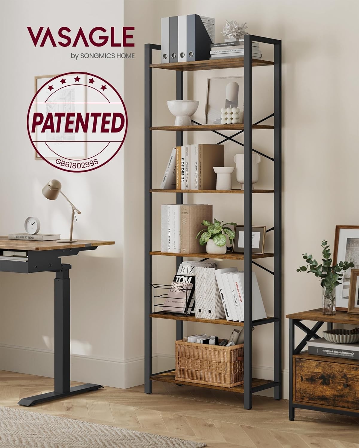 6-Tier Industrial Bookshelf Rustic Brown 186cm Tall Sturdy Storage Unit
