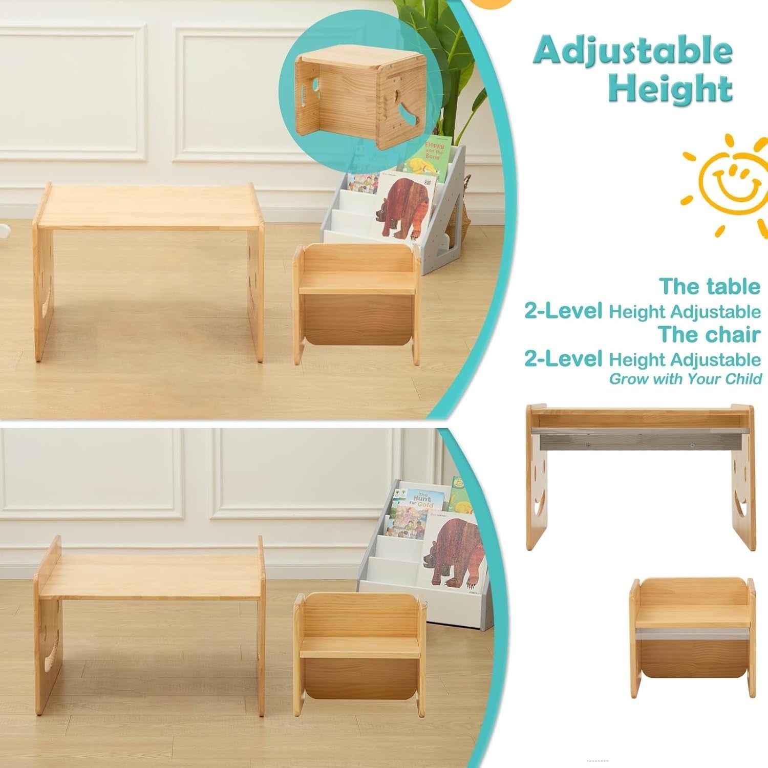 Adjustable Kids Table & Chairs Set Solid Wood Montessori Toddler Furniture