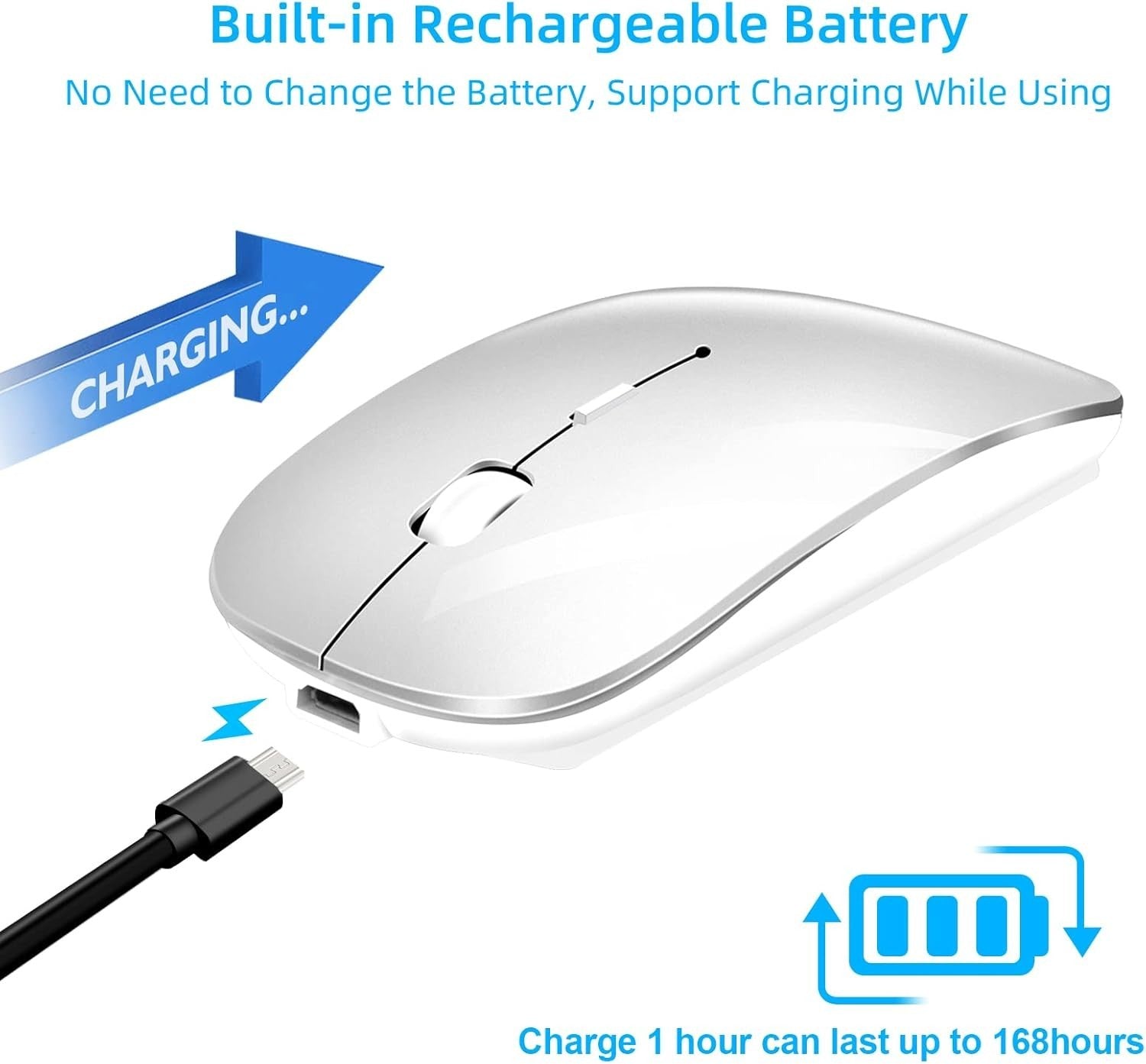 Wireless Bluetooth Mouse Rechargeable Slim Silent Click USB Portable Silver