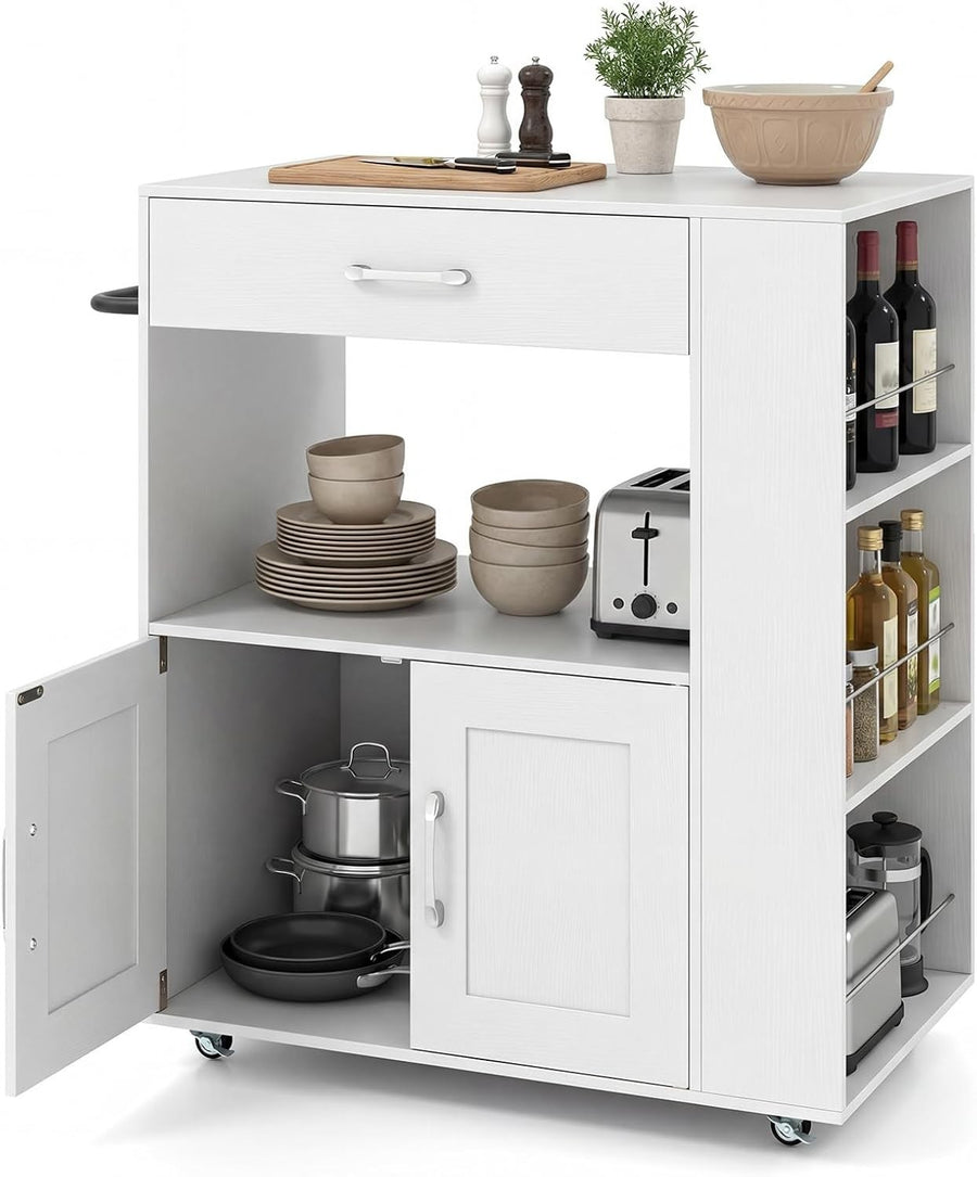 White Kitchen Island Trolley Cabinet with Spice Rack
