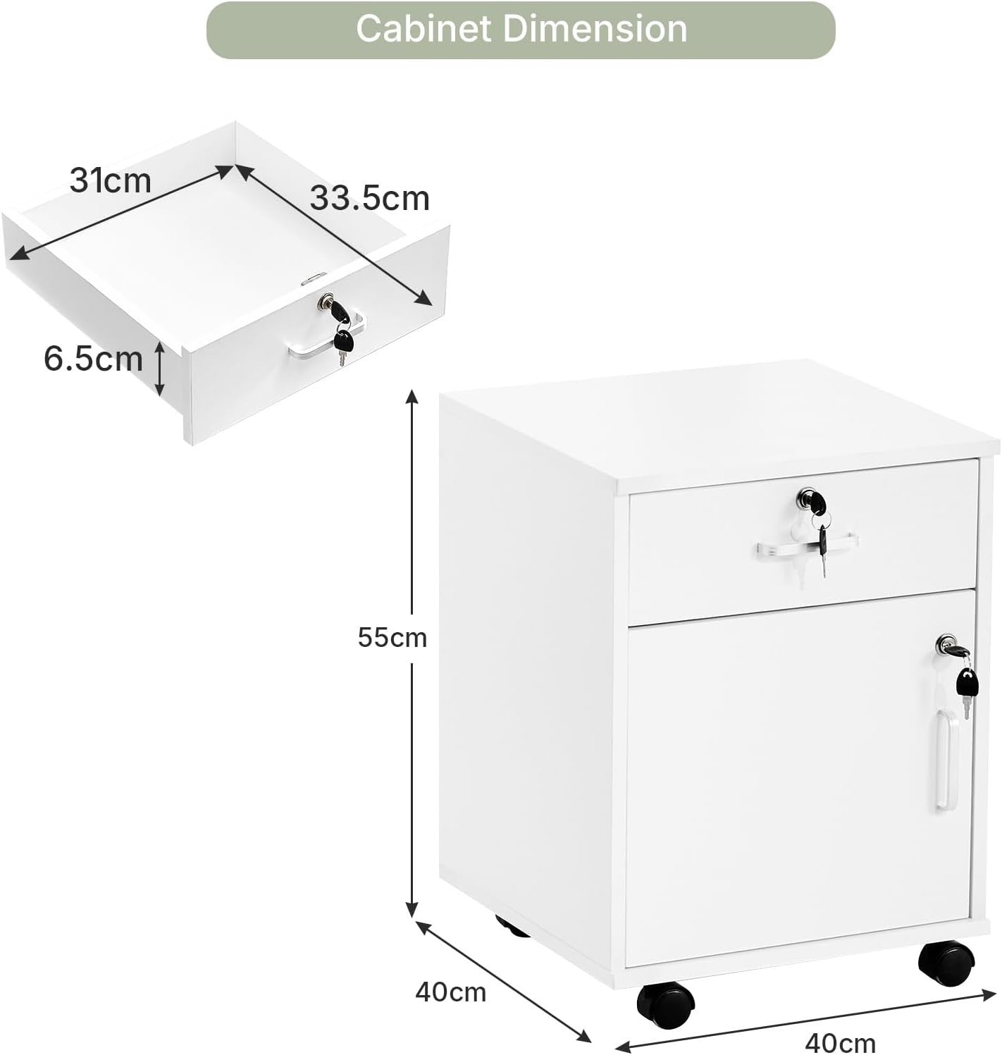 Locking Rolling File Cabinet 1 Drawer 1 Door Under Desk Storage Unit