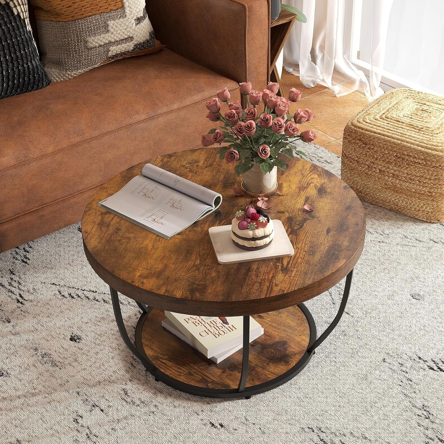 Round 2-Tier Coffee Table with Storage Shelf, Industrial Metal Frame, Rustic Bro