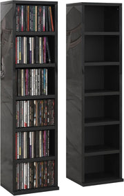 Set of 2 High Gloss Black Media Storage Towers – Adjustable CD DVD Blu-Ray Racks