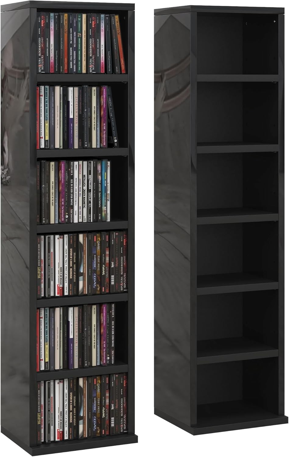 Set of 2 High Gloss Black Media Storage Towers – Adjustable CD DVD Blu-Ray Racks