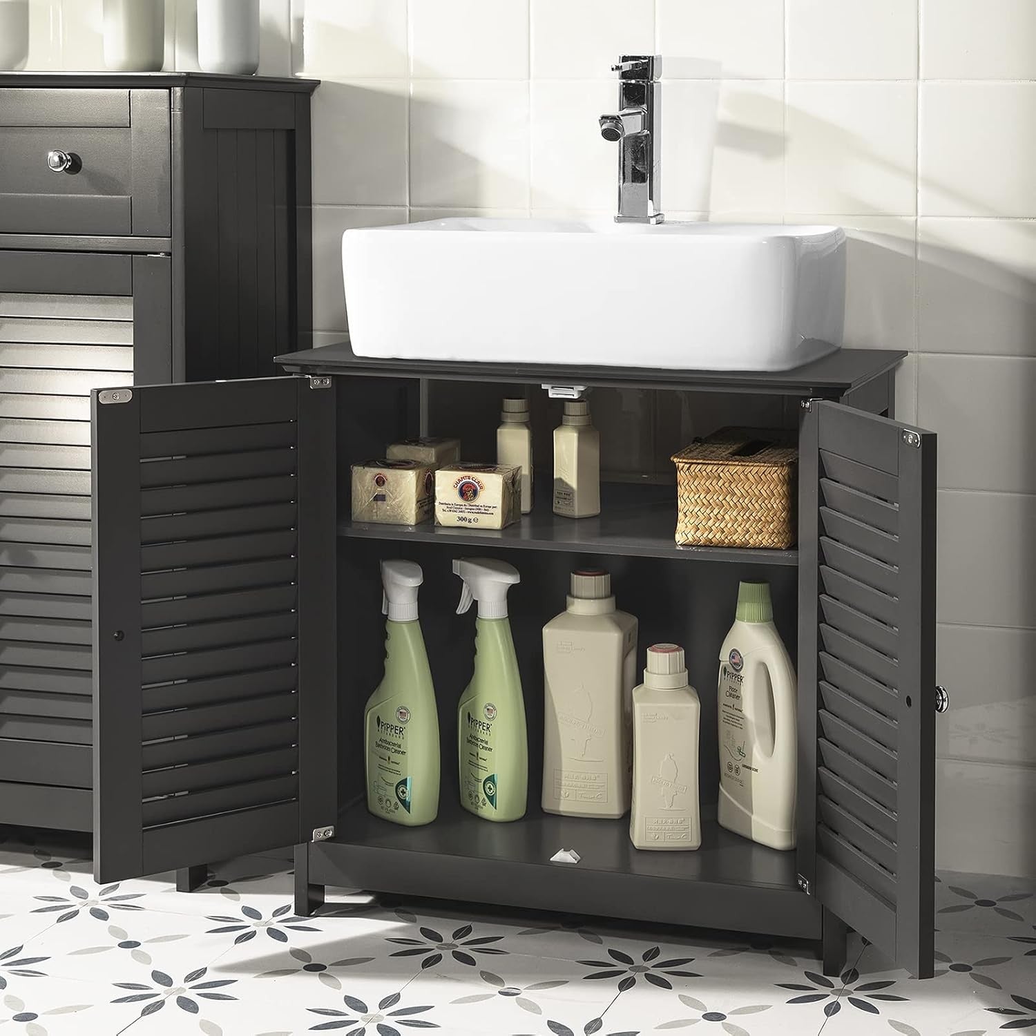 Dark Grey Under Sink Bathroom Cabinet – Louvered Door Storage Unit 60x35x58cm