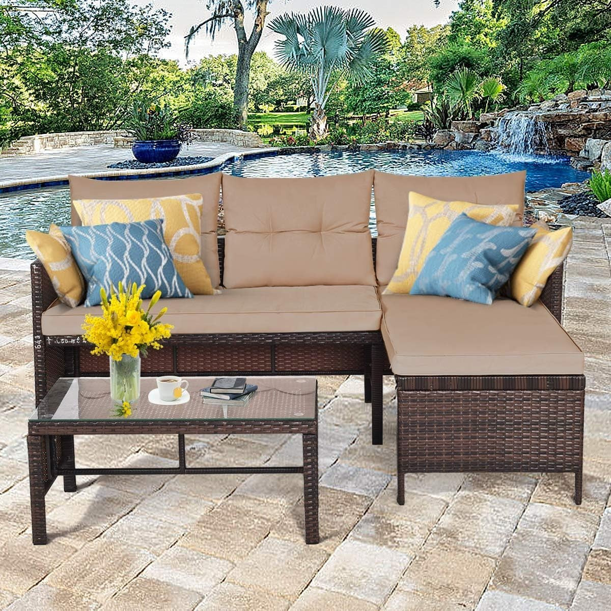 Outdoor Rattan Garden Sofa Set with Chaise Lounge & Tempered Glass Table