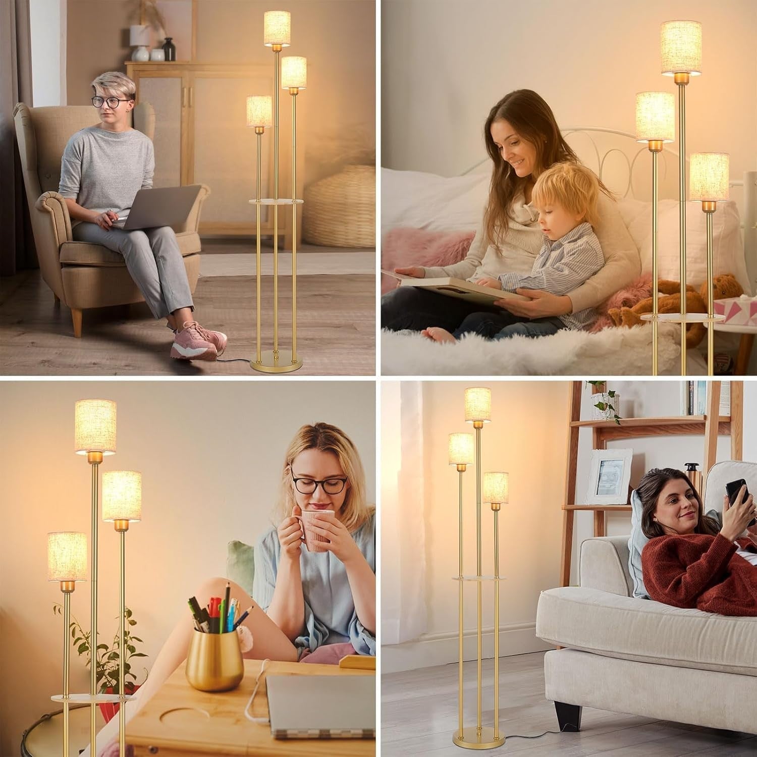 Modern 3-Light LED Floor Lamp with Shelves, Fabric Shade & Foot Switch