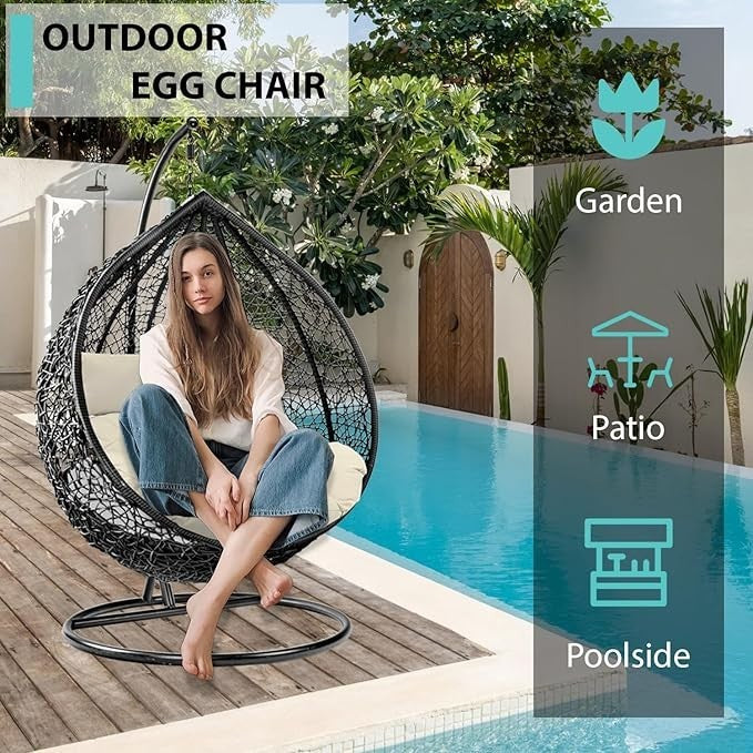Hanging Egg Chair Outdoor Rattan Swing with Cushion & Steel Frame Garden Patio