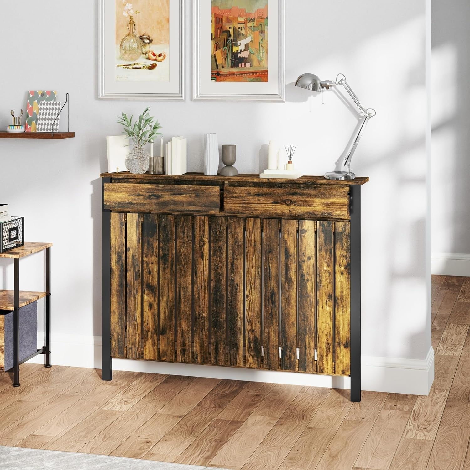 Rustic Brown Radiator Cover with Drawers Industrial Wood Cabinet 119x93cm