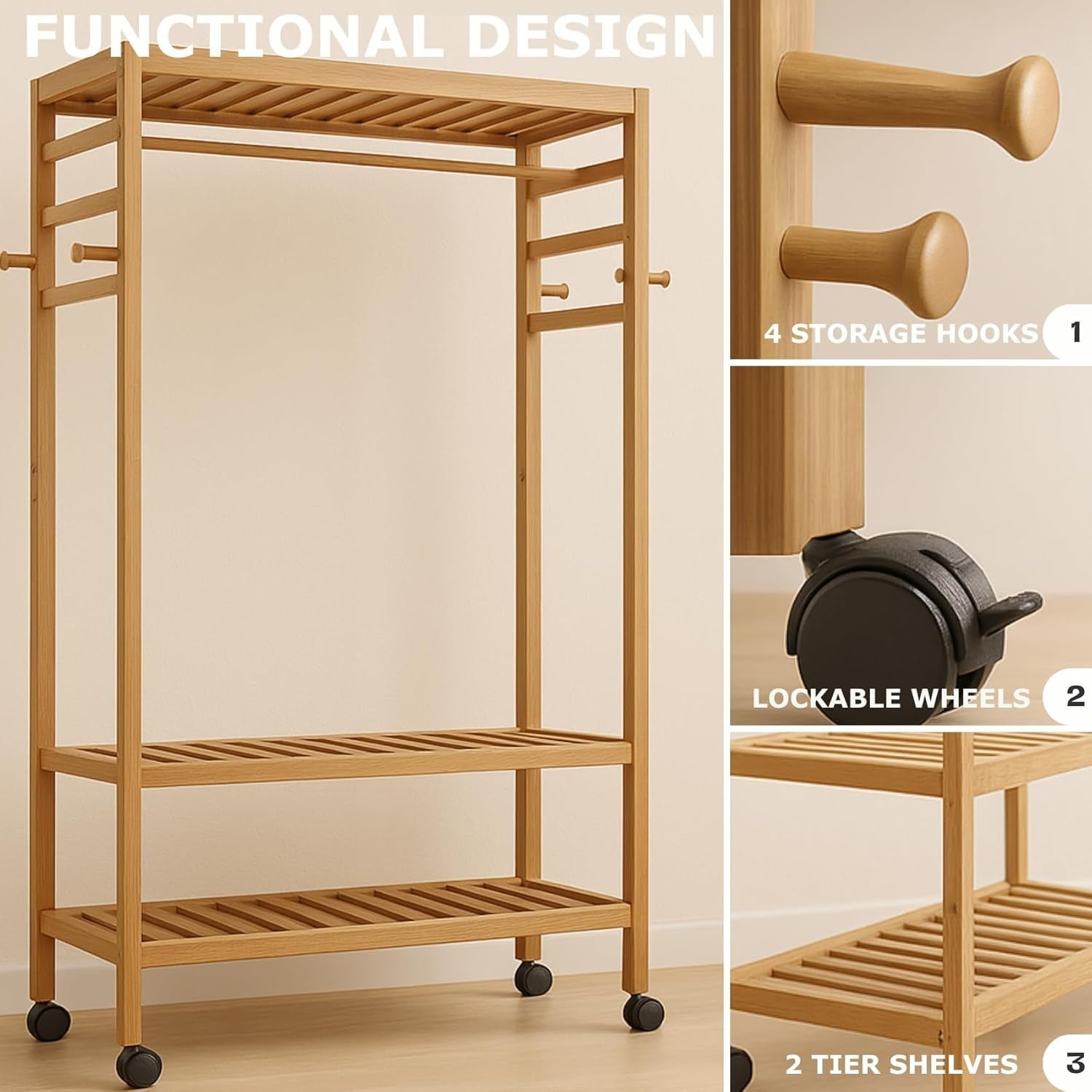 Bamboo Clothes Rack with Wheels & Shelves – Natural