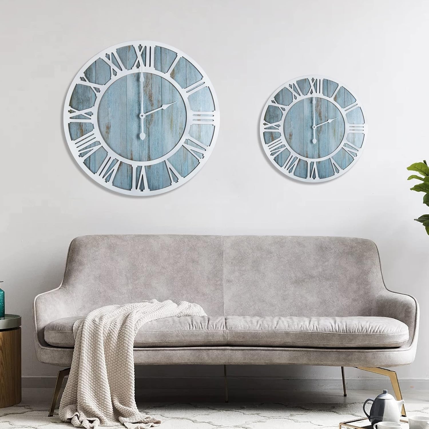 16" Rustic Blue Wood Wall Clock Silent Non-Ticking Round Roman Numeral Decor