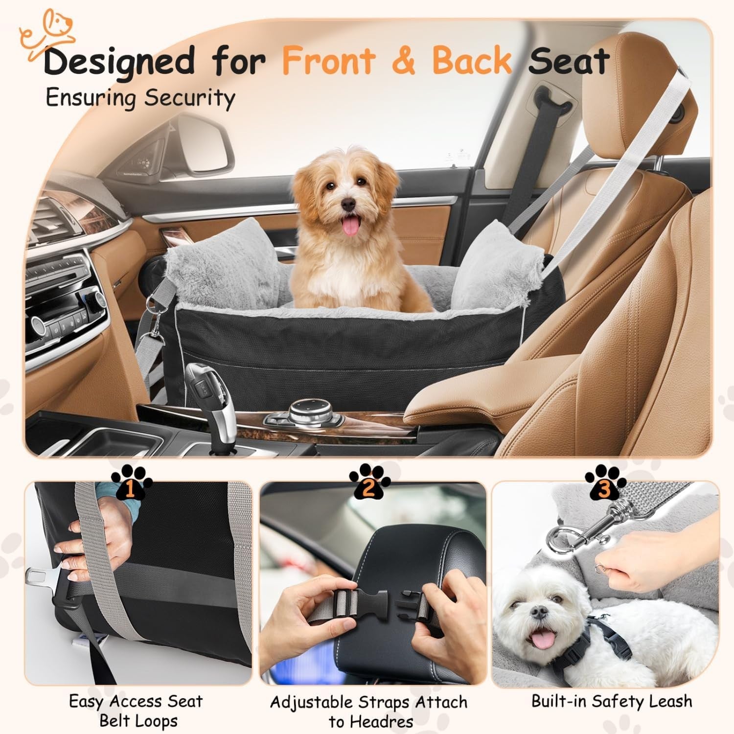 Waterproof Dog Booster Car Seat Plush Travel Bed w Safety Leash