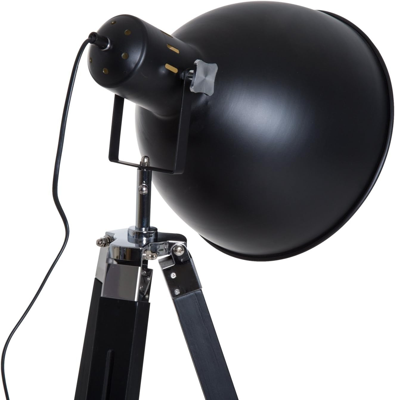 Industrial Tripod Floor Lamp Adjustable Height Spotlight Wood Legs Black Gold