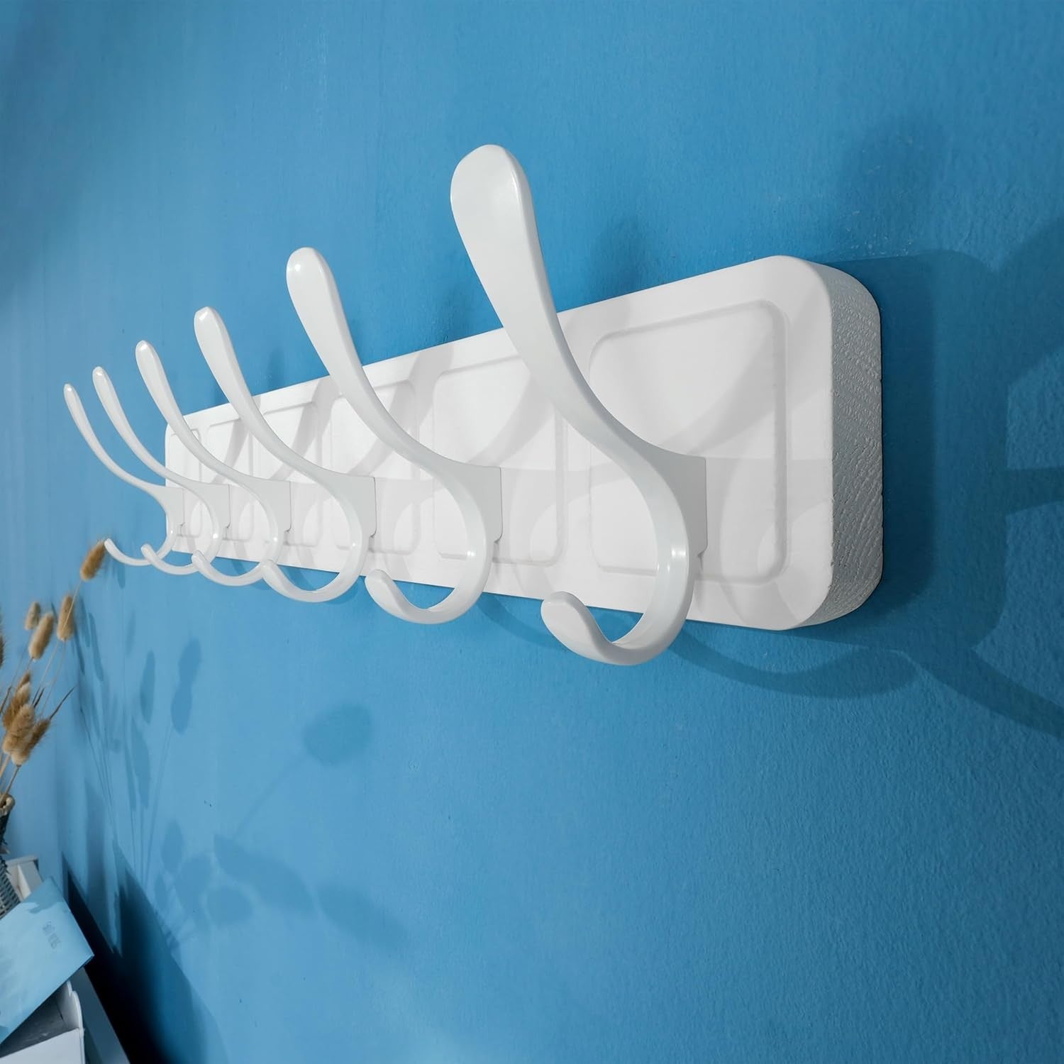 White Wall Coat Rack Set | 2x 6 Hook Wooden Hanger Racks Scandi Minimalist