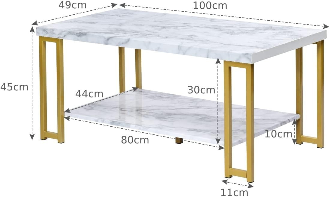 Marble Effect 2-Tier Coffee Table with Shelf, Gold Frame, Small Space Living Roo