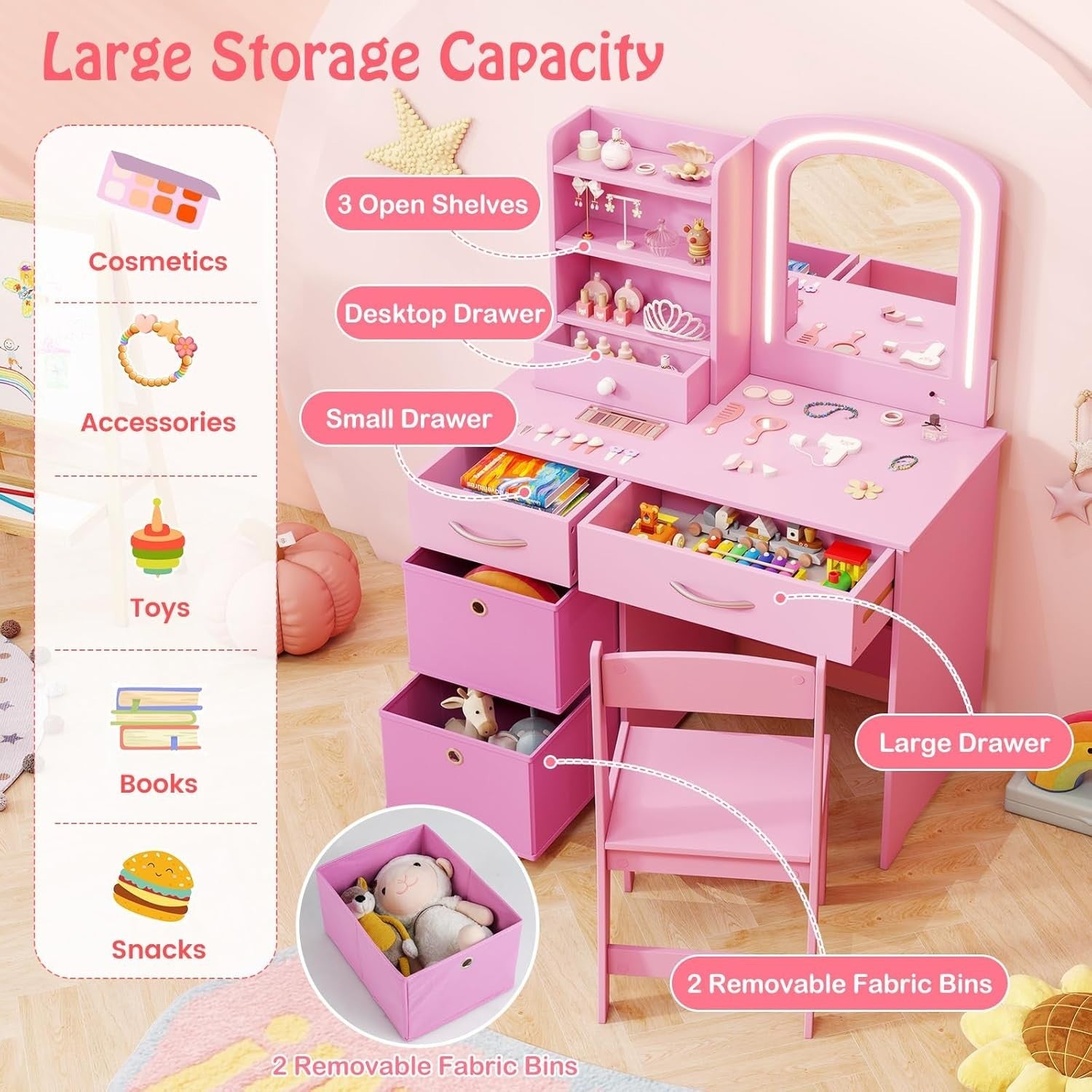 Kids Vanity Table Set Pink Girls Dressing Stool LED Mirror Storage Safe