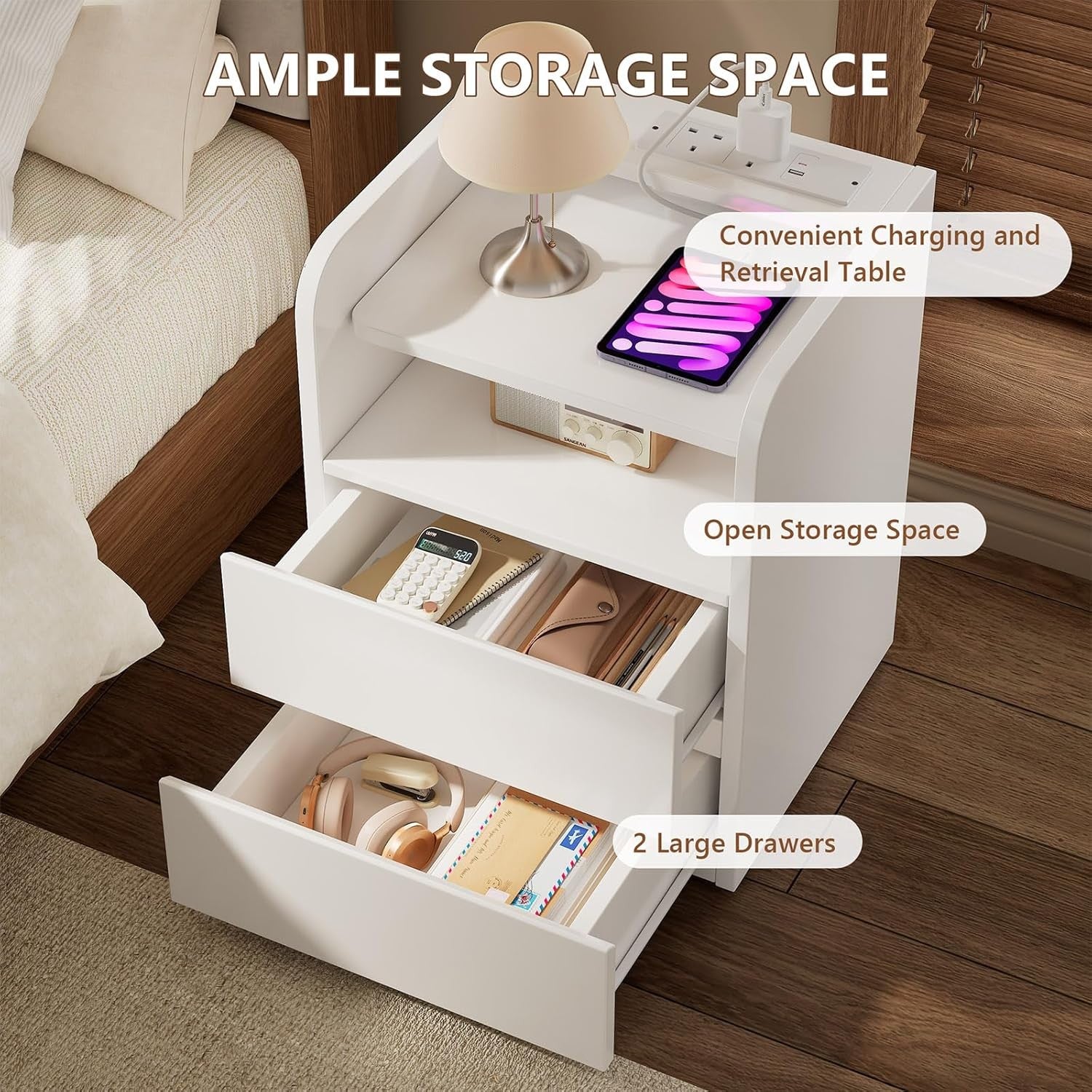 White Bedside Table with Charging Station – Modern Nightstand w/ Drawers & LED S