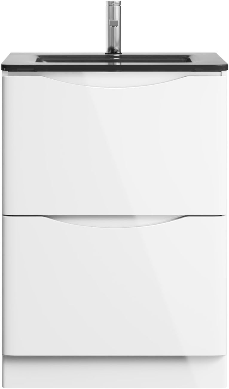600mm Floor Standing Vanity Unit White Gloss with Grey Glass Basin Bathroom