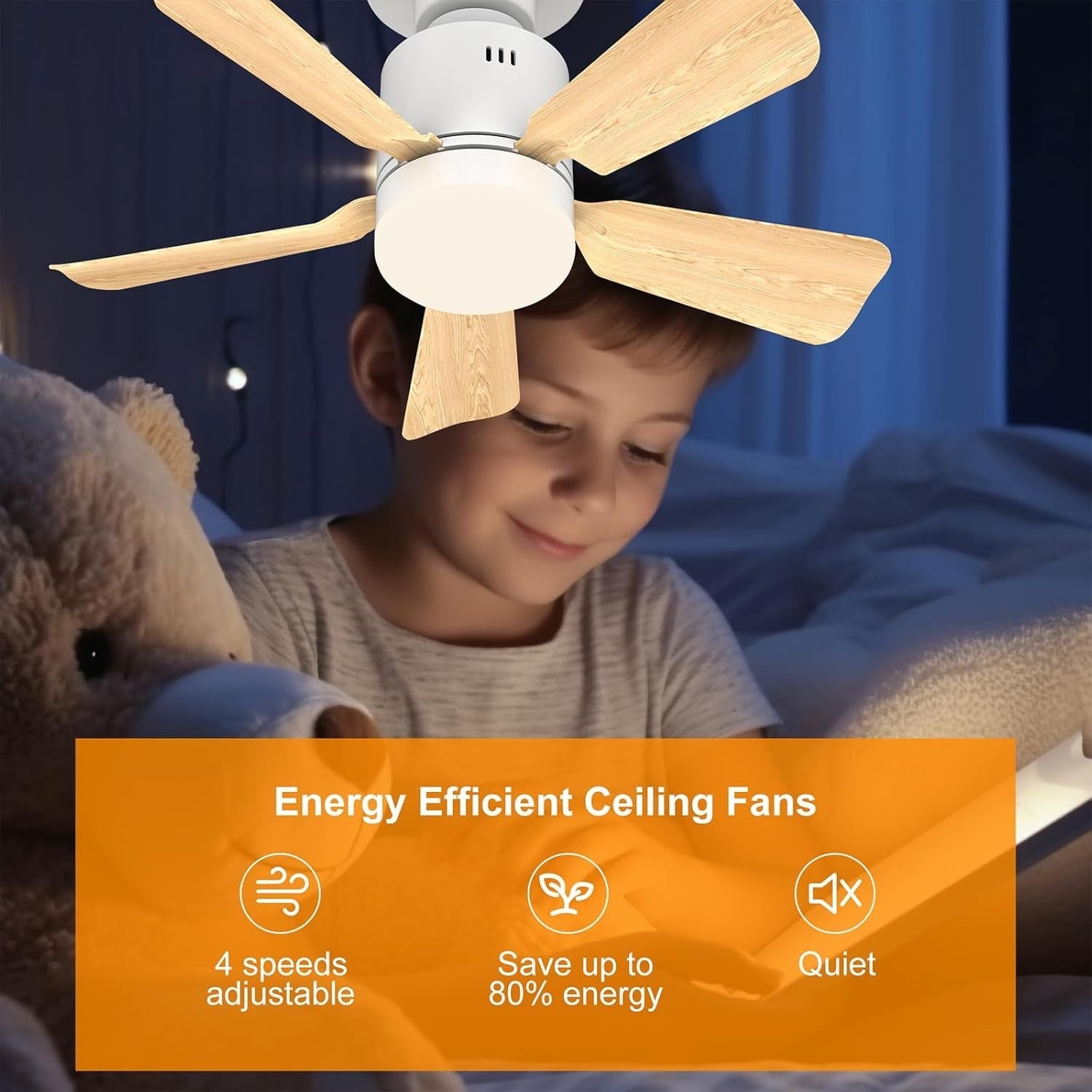 45cm Screw-In Ceiling Fan Light 4 Speeds 3 Colors Wood Grain