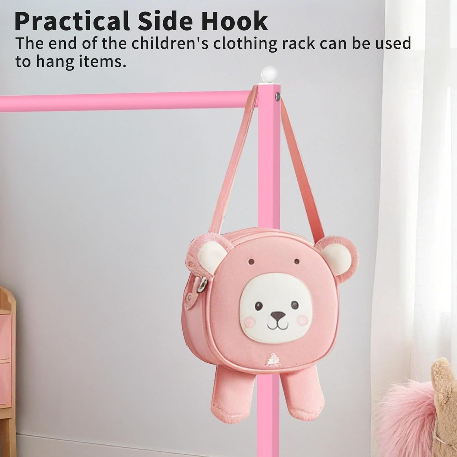 Pink Kids Clothing Rack with Shelf & Adjustable Feet 117cm