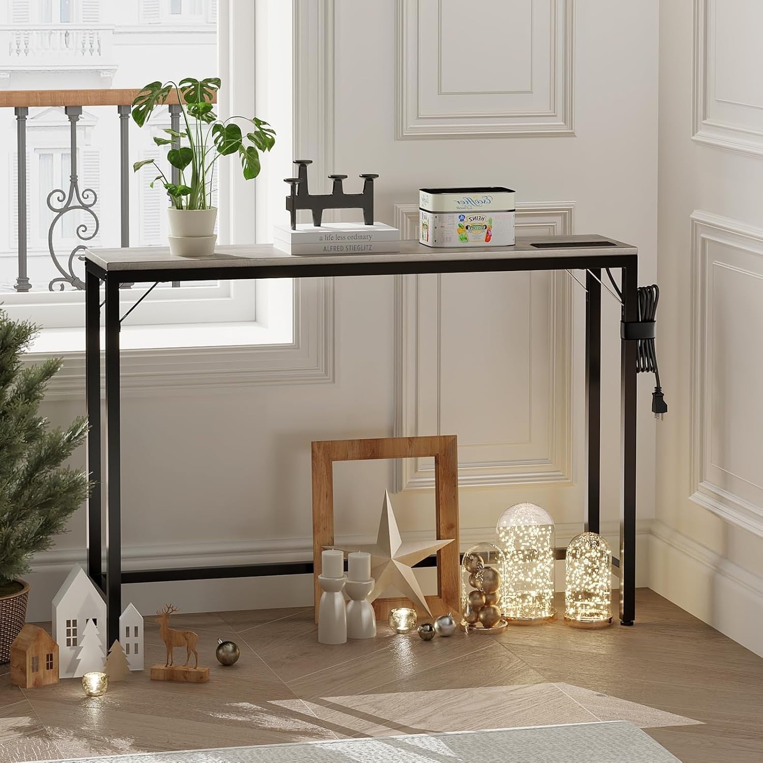 Narrow Console Table with Charging Station & USB Ports, 23x100x80cm, Brown