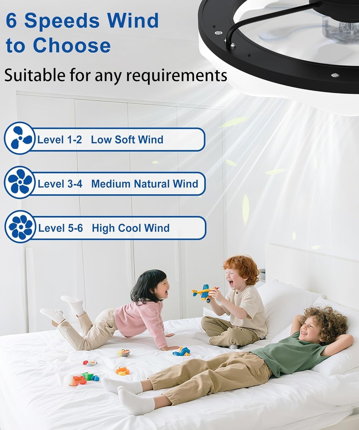 20" Ceiling Fan Light, 6 Speeds, Dimmable, Reversible, App & Remote, Black