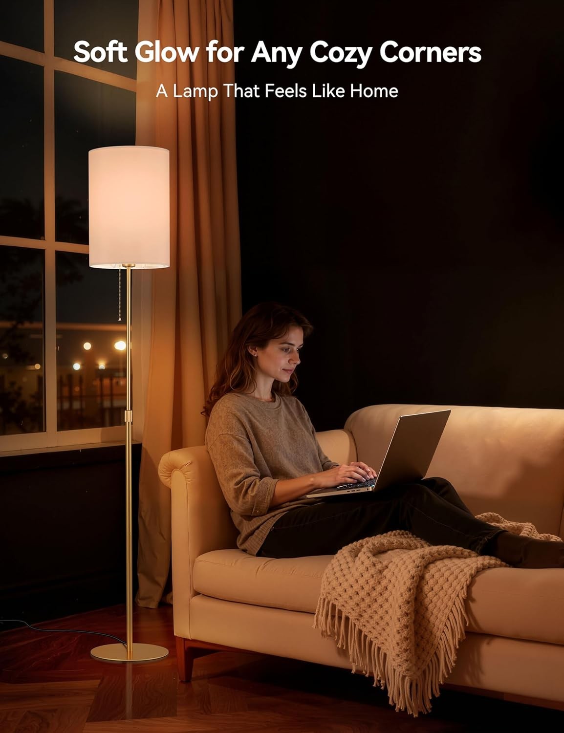 Gold Floor Lamp Adjustable Height Fabric Shade Pull Chain E27 Tall Light