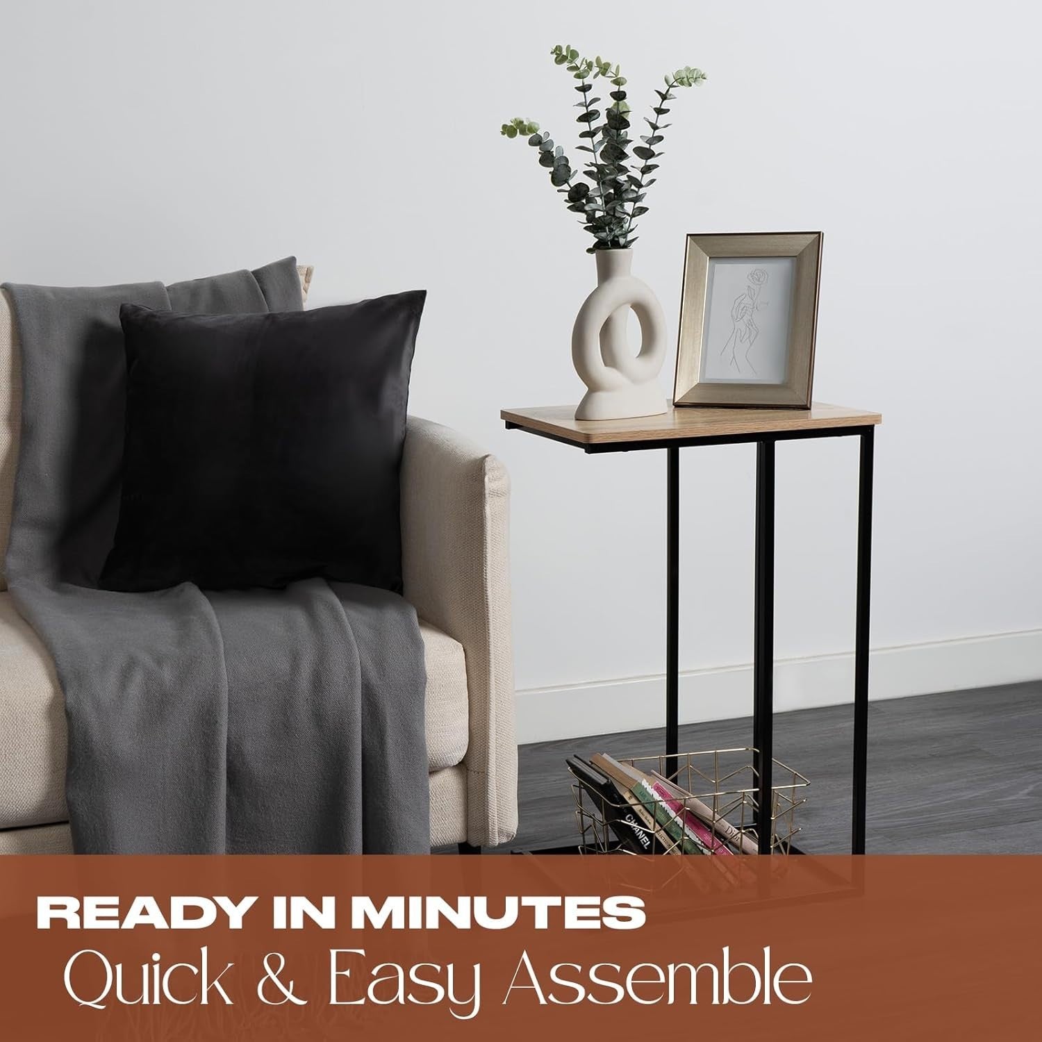 Space-Saving Light Wood C-Shaped Sofa Side Table – Multi-Use End Table