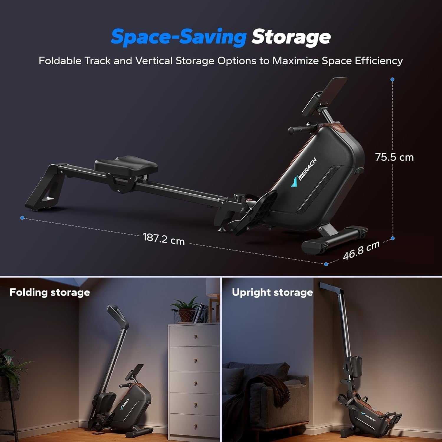 Foldable Magnetic Rowing Machine 40KG Resistance 130cm Rail App Smart Home
