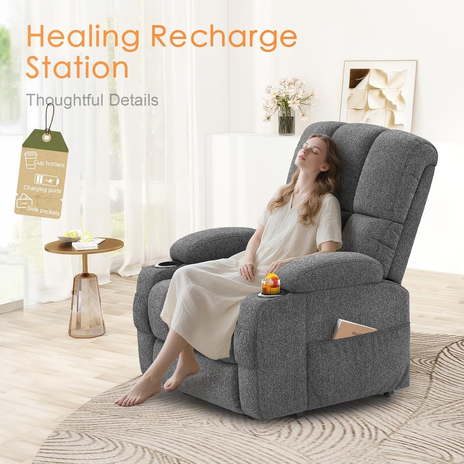 Dark Grey Lift Recliner Chair Elderly Massage Heat USB Cup Holders Footrest